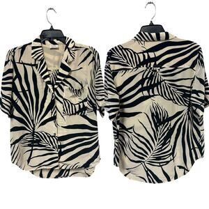 AYR Pool Boy Shirt Black Cream Palapa Print Silk Blend Short Sleeve Button Down